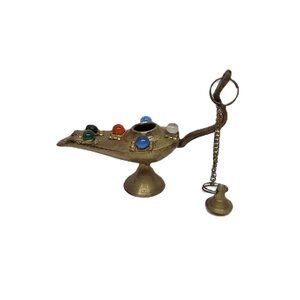 Brass Genie Souvenir Miniature Oil Lamp Attached Lid Incense Burner